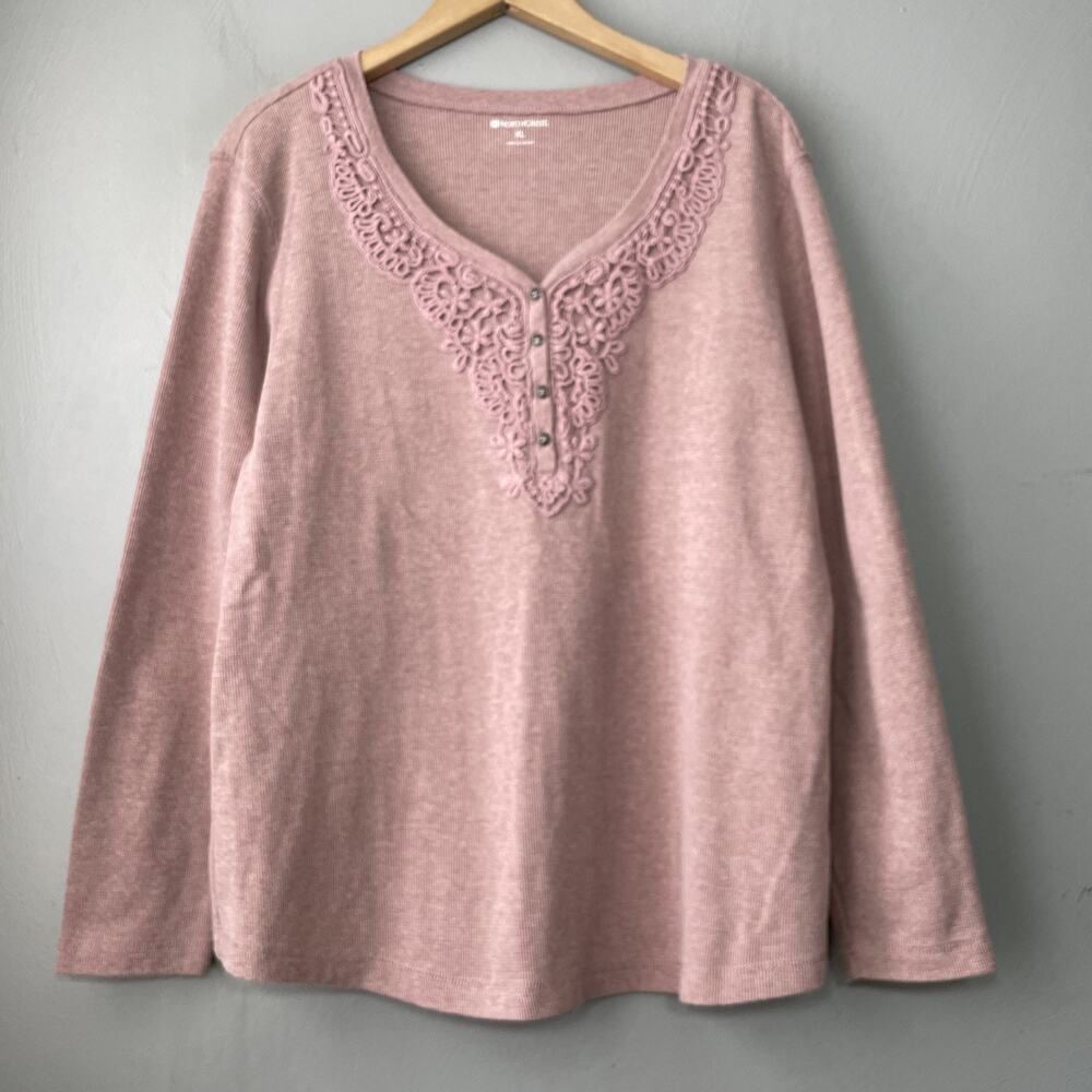 NorthCrest Henley Top Size XL Pink Crochet Lace Waffle Thermal Knit Cottagecore